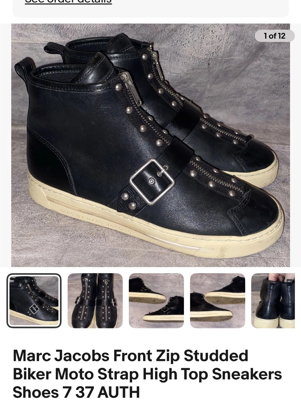 Marc Jacobs Black Leather Studded Biker High-Top Sneakers with Cream Sole